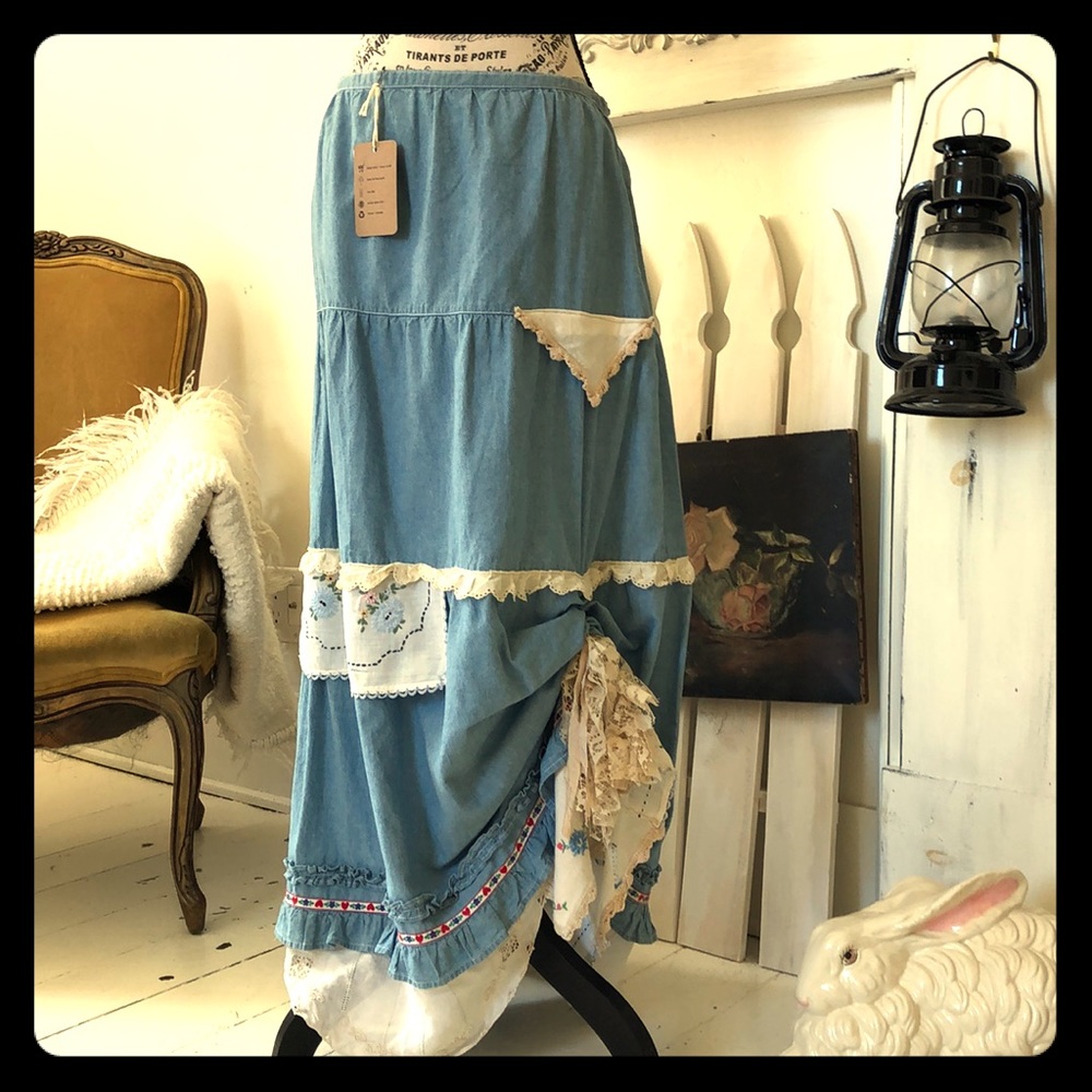 Upcycled denim maxi prairie skirt lace linen